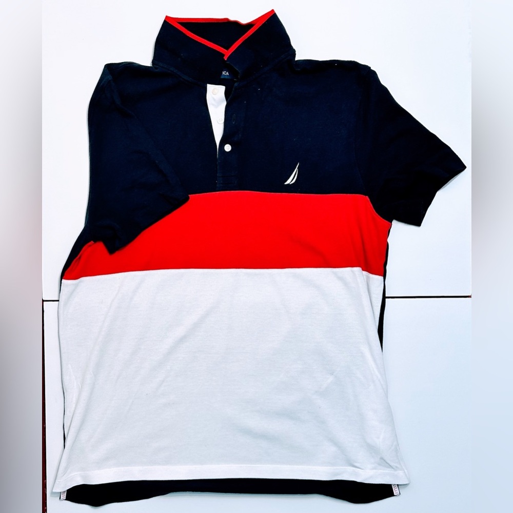 Nautica Mens Short Sleeve 100% Coton Pique Color Block Polo Shirt, Navy, X-Large